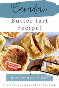 A pinterest pin. There are buttertarts on  a piece of parchment paper. One is cut in half to show the inside.