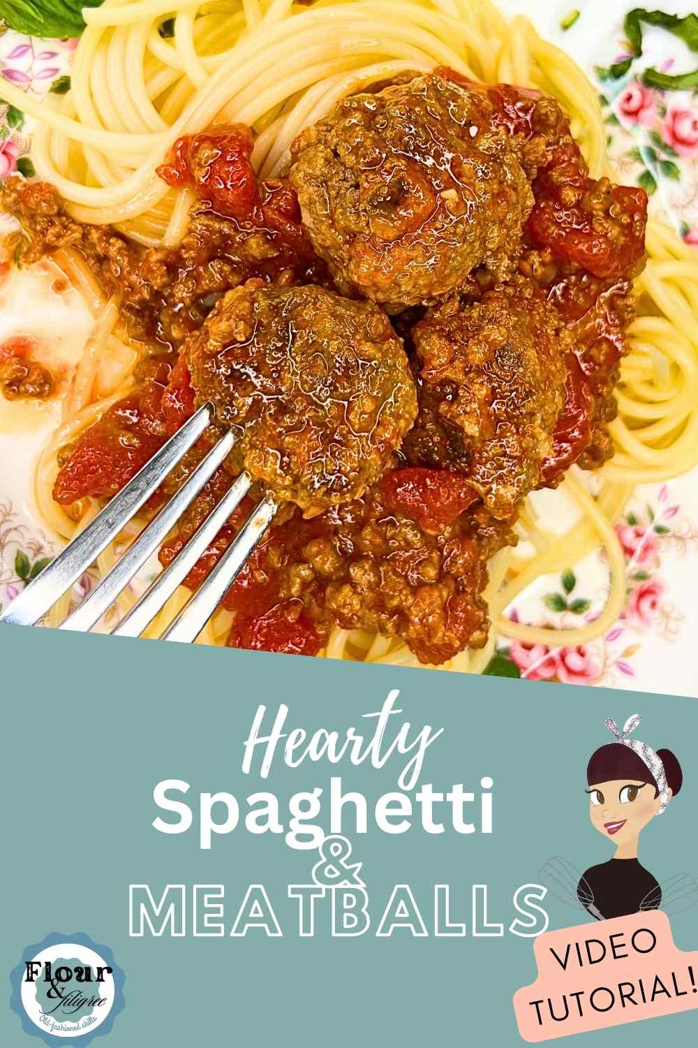 A pinterest pin. There is a plate of spaghetti pasta with tomato and meat sauce on top. There are three meatballs and one is speared with a fork.