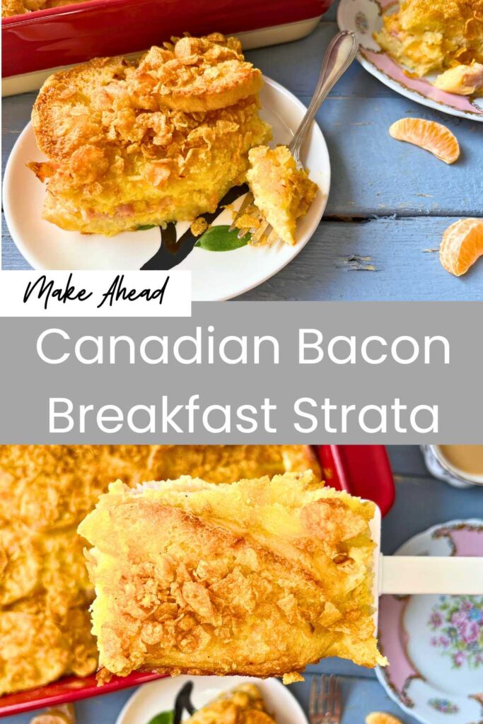 A pinterest pin for a make ahead Canadian bacon breakfast casserole.