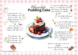 A recipe card for chocolate pudding cake. There are graphics for ingredients.