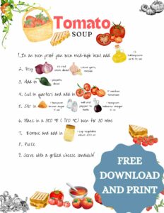 A recipe card for tomato soup. The ingredients are graphics and the instructions are written.