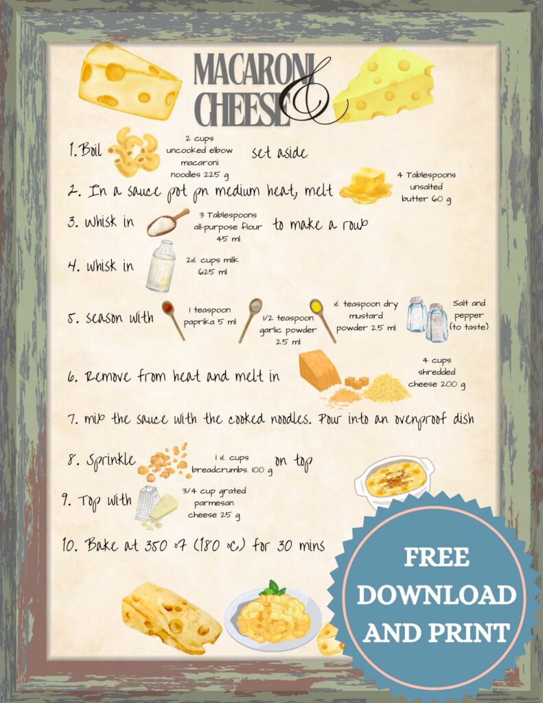 A recipe card for macaroni and cheese. The ingredients are graphics and the instructions are written.