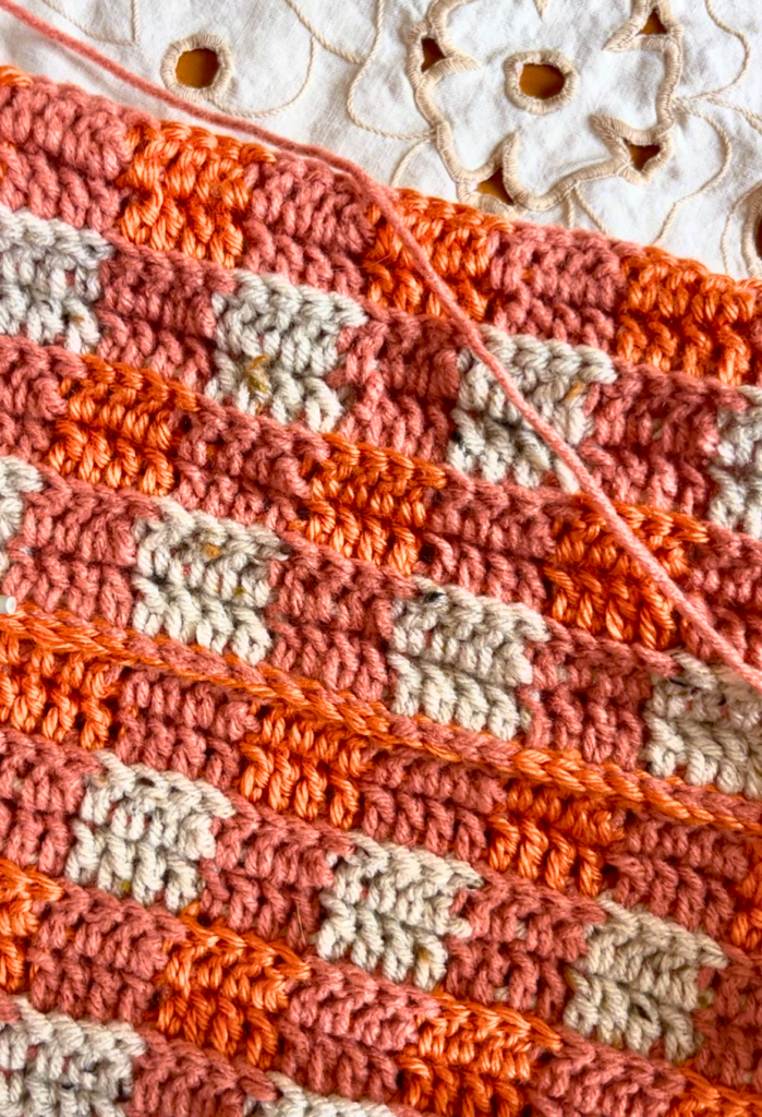 orange and grey buffalo plaid pattern with double crochet