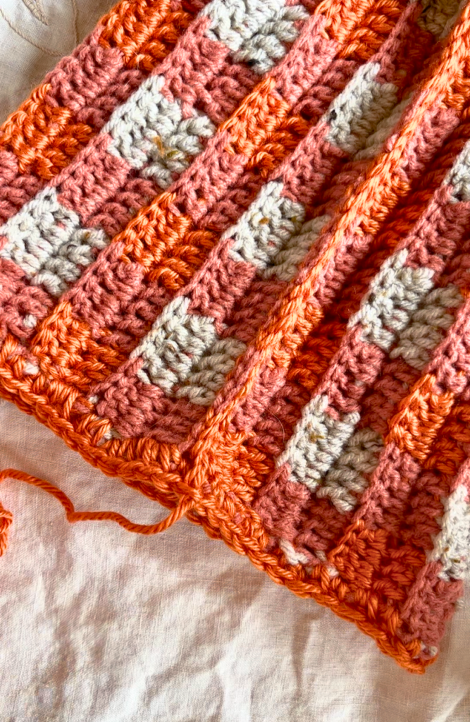 orange and grey double crochet hat