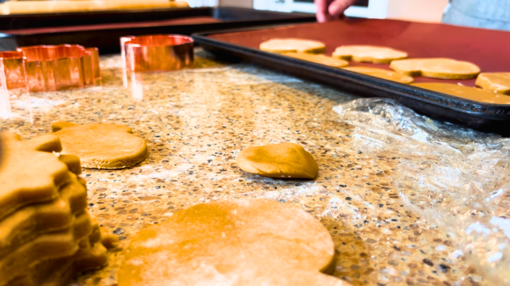 Woman placing cut out cookies onto a baking sheet