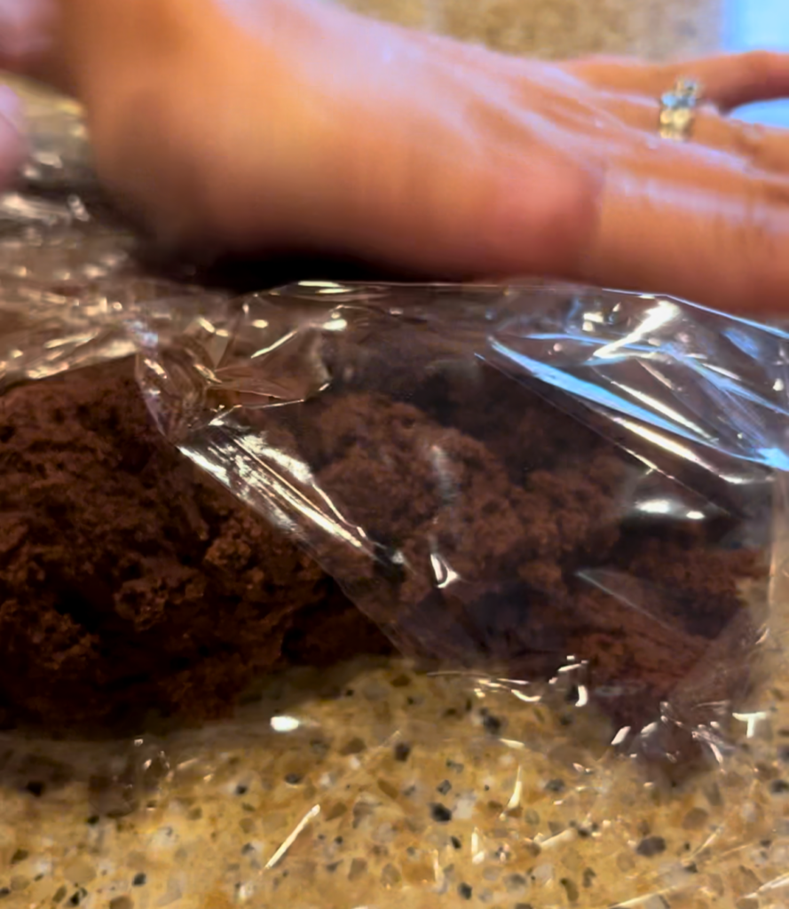 Woman wrapping chocolate cookie dough in cling-film.