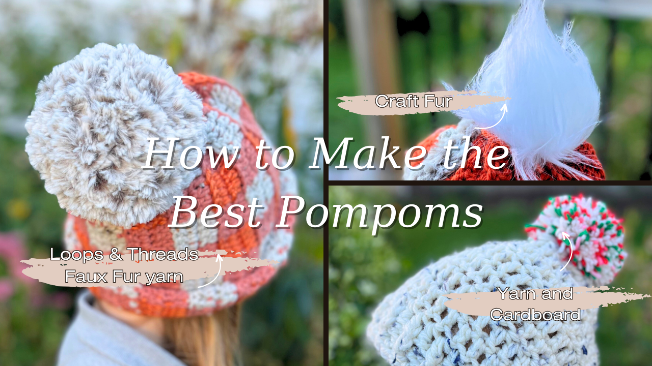 Three pictures with different types of pompoms on hats. 1 with faux fur yarn. 2. With faux fur craft material 3. with yarn
