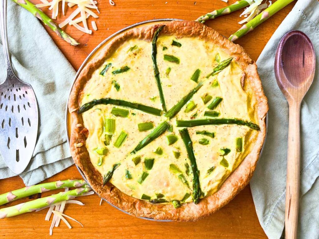 A baked asparagus and Swiss quiche.