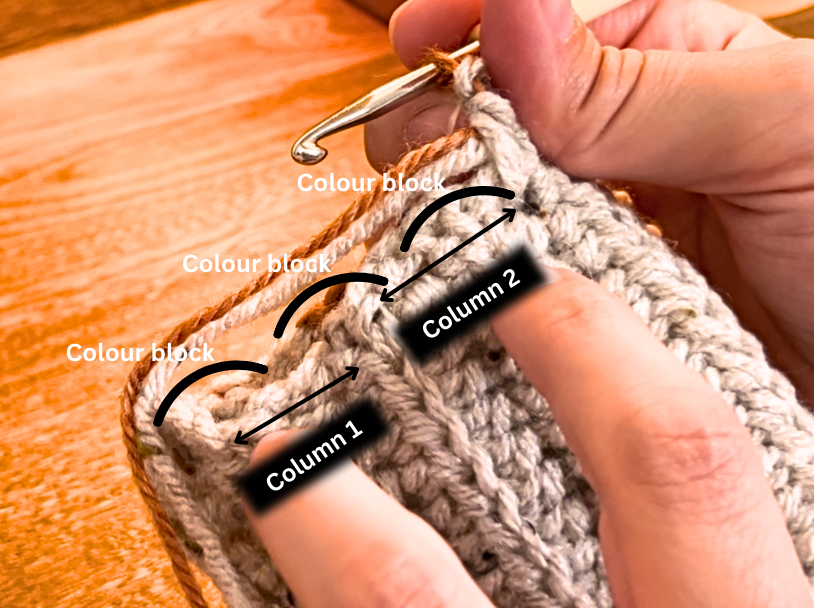 Woman showing the two columns on the crochet fabric where you will place the next three colour blocks