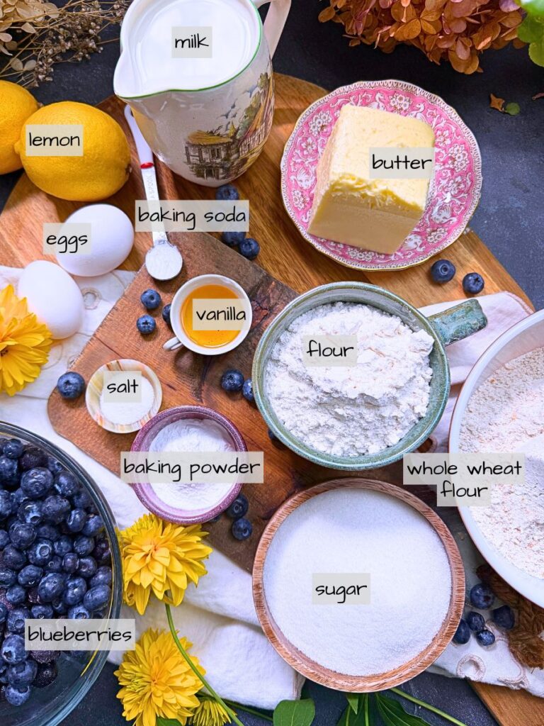 Labeled ingredients on a wooden table.