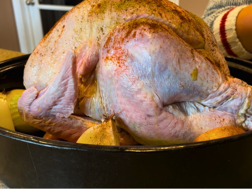 A side view of a turkey in a roasting pan with oil and spices on top of it.