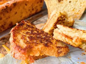 A cut up grilled cheese sandwich.