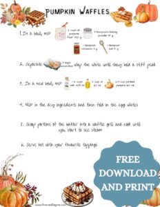 A recipe card for pumpkin waffles. There are graphics for ingredients and written instructions.