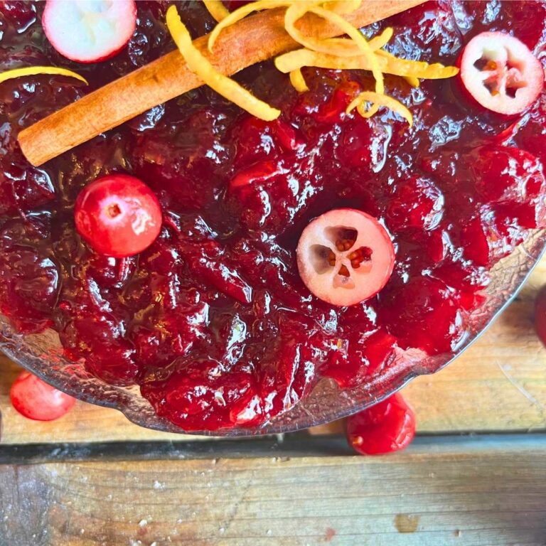 A close up view of a bowl of cranberry sauce. There are sliced cranberries and a cinnamon stick on top.