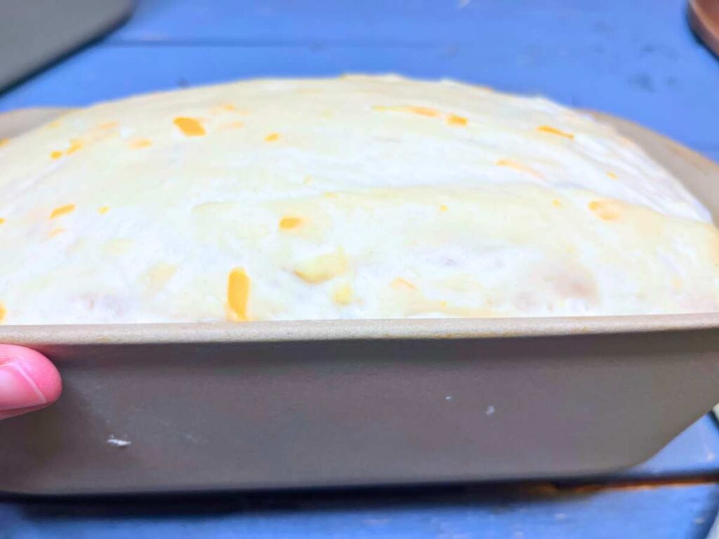 Risen cheese bread dough in a loaf pan.