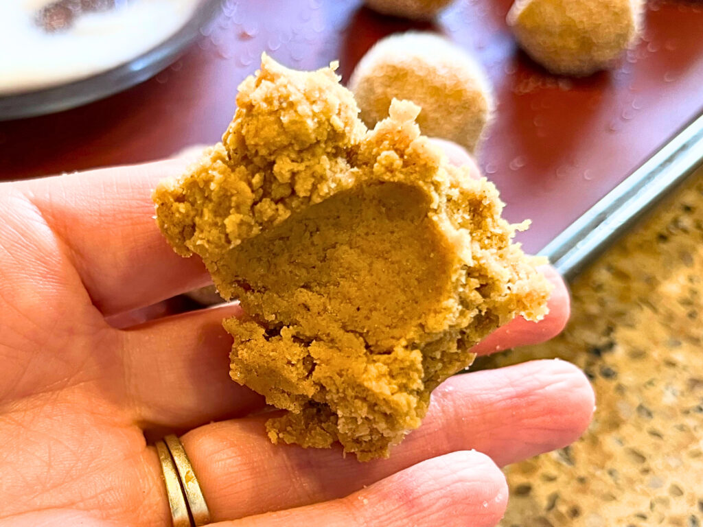 Woman holding a small portion of gingerbread cookie dough to make a cookie.