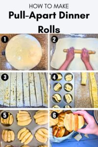 A pinterest pin showing the step by step process of making pull apart dinner rolls.