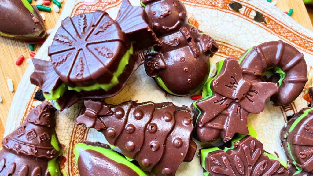 Some mint candies molded into Christmas themed shapes.