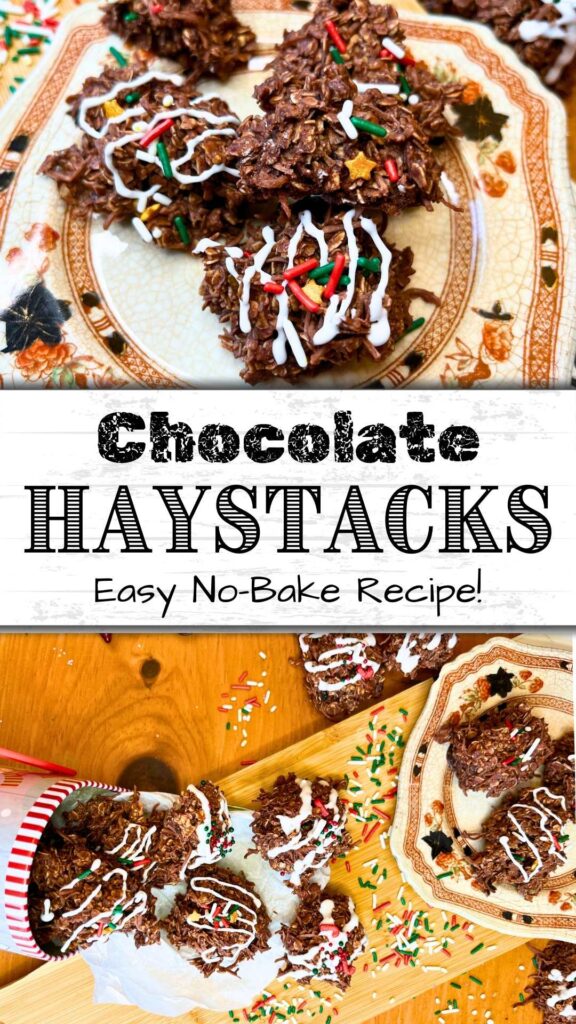 A pinterest pin for chocolate haystacks.