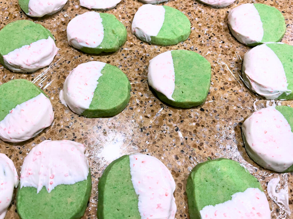 Mint Christmas cookies dipped in white chocolate peppermint chocolate