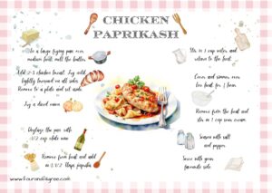 A recipe for chicken paprikash. There are graphics for ingredients and written instructions.