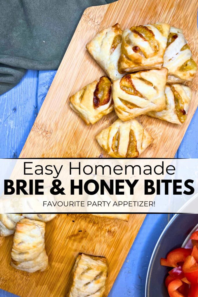 A pinterest pin for homemade Brie and honey bites.