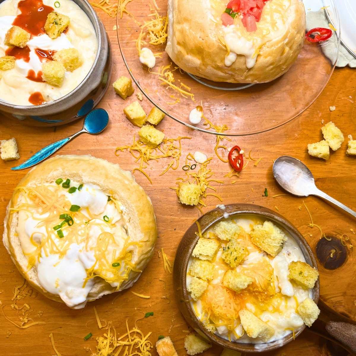 Portions of potato soup. Some are in bread bowls and some in brown bowls. They all have different toppings.