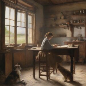 A painting of a woman sitting at a wooden table writing a letter. There are two dogs sitting with her.
