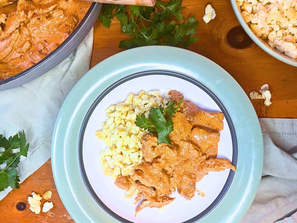 A plate of chicken paprikash with spaetle. There paprikash and noodles to the side.