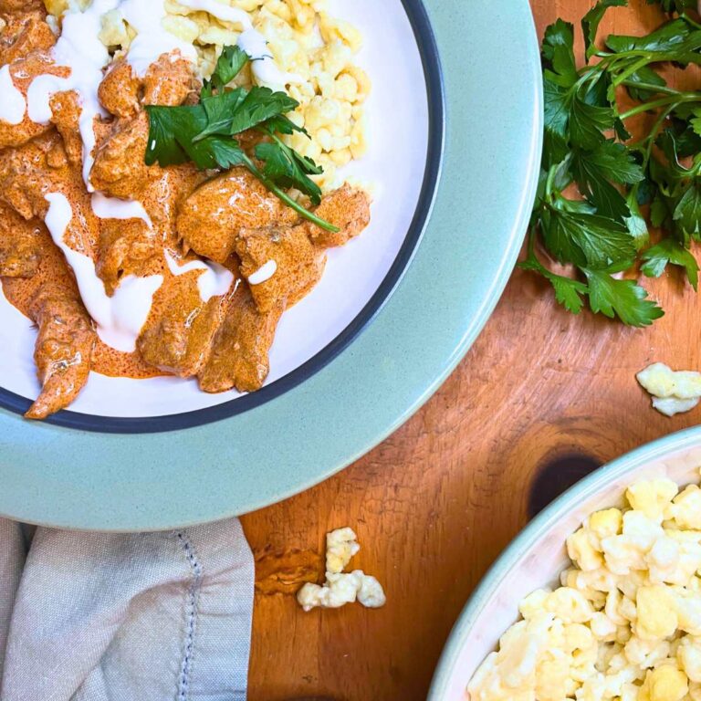 A plate of chicken paprikash with spaetzle noodles.