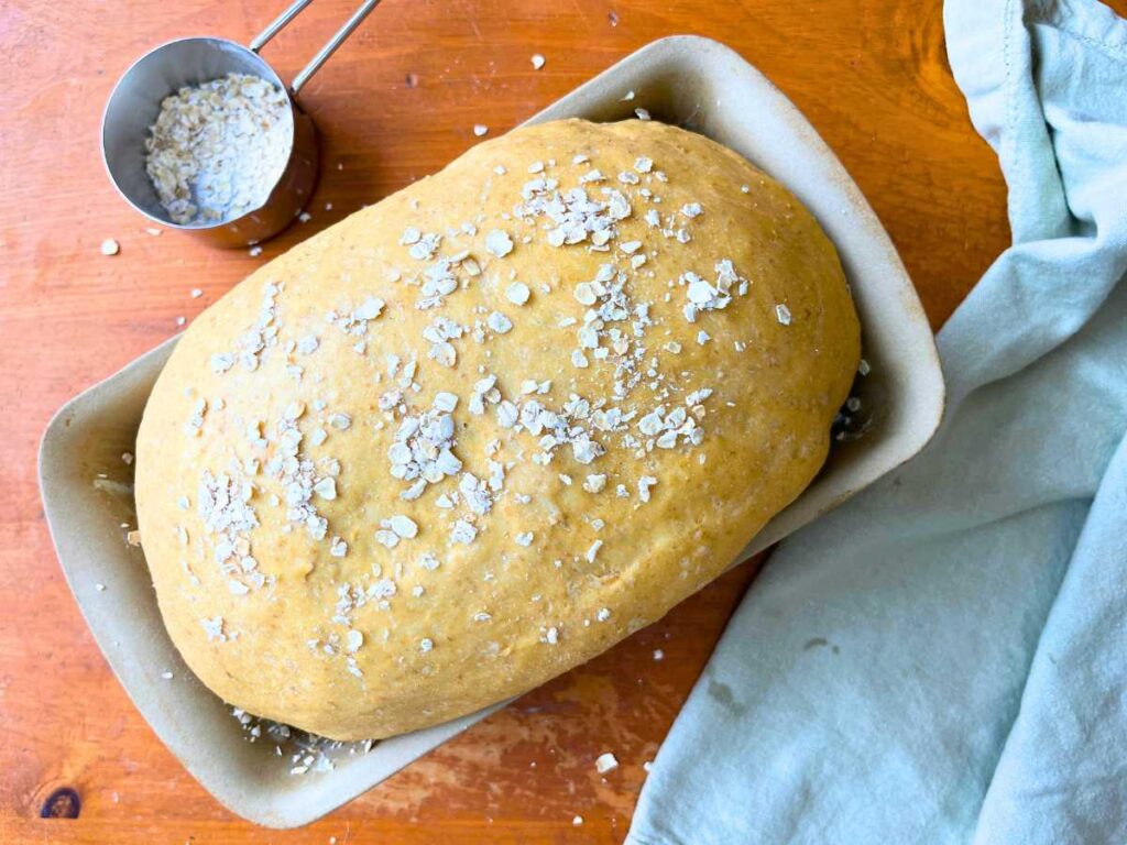 Oatmeal molasses bread dough in a stone loaf pan with oats on top.