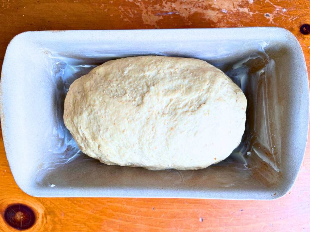 Molasses bread dough in a stone loaf pan.