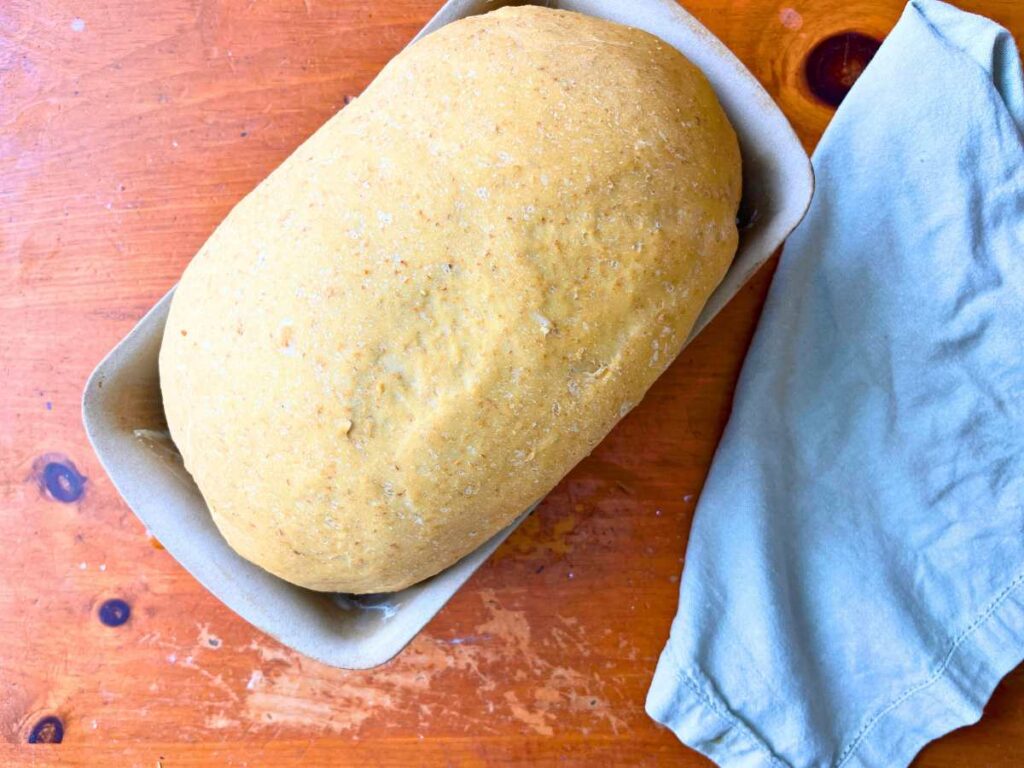 A risen loaf of oatmeal molasses brown bread in a stone loaf pan.