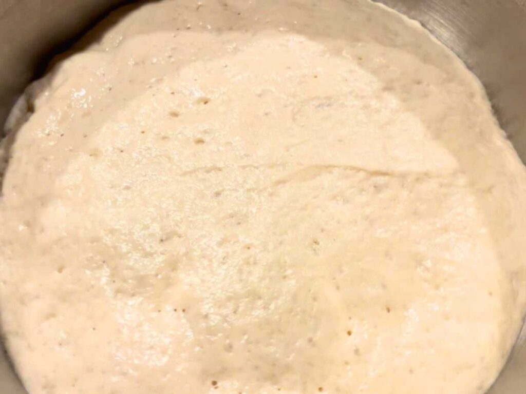 Risen bread dough in a metal bowl.