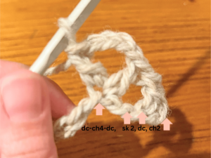 Woman holding grey yarn, that she is using to crochet.