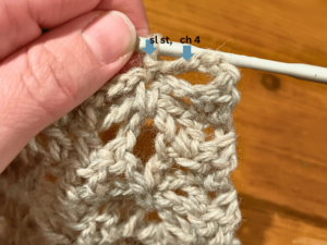 Woman holding grey yarn and a crochet hook, she is using to make a project.