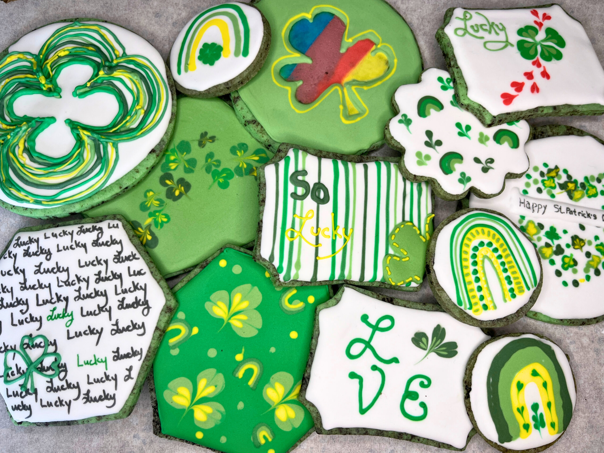 A group of St. Patrick's Day decorated sugar cookies.