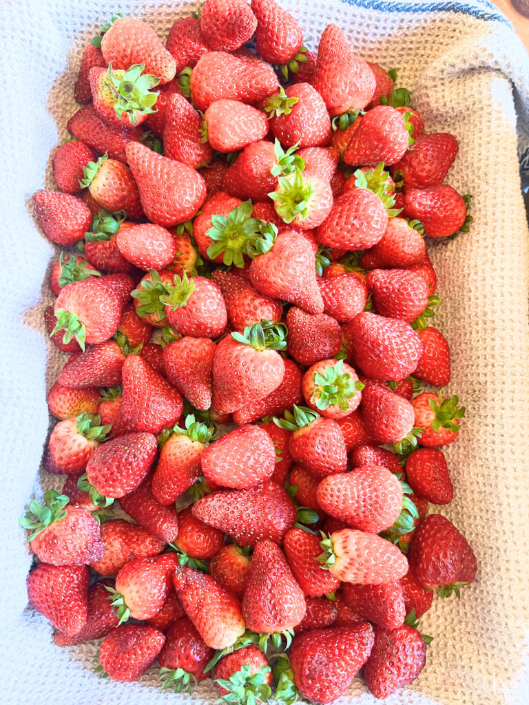 A casserole dish full of strawberries.