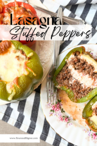 A pinterest pin for lasagna stuffed peppers