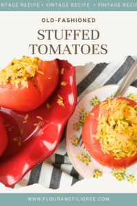 A pinterest pin for old-fashioned stuffed tomatoes.