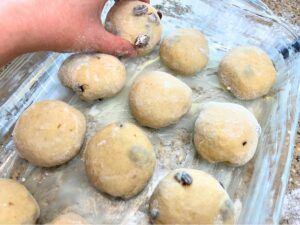 A buttered casserole dish with buns being placed inside.