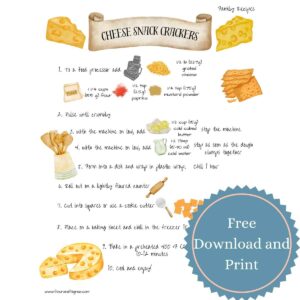 A recipe for cheese snack crackers. The ingredients are graphics and the instructions are written. There is a stickers saying it is a free downloadable print.