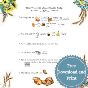 A recipe card for yeast free bread. There are graphics for the ingredients and written instructions. There is a sticker saying you can download and print.