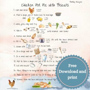 A recipe for chicken pot pie with biscuits. The ingredients are graphics and the instructions are written. It says it is a free download and print