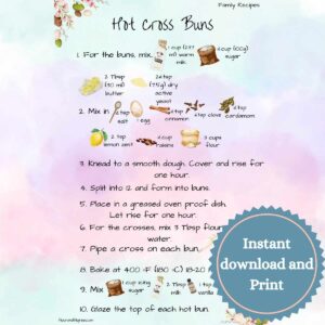 A recipe for hot cross buns with graphics for ingredients and written instructions. There is a circle indicating it is a download.
