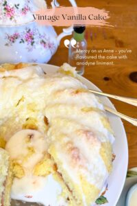 A pinterest pin for vanilla cake. There is a quote written on top from Anne of Green Gables.