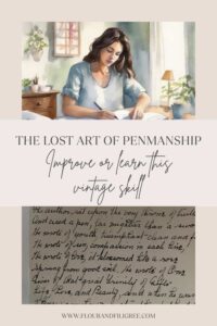 A pinterest pin for the lost art of penmanship. There is a painting of a woman writing in a journal and a cursive document in the bottom image.