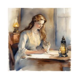 A woman in a white dress sitting at a desk writing a letter. There is an oil lamp on the desk. There is a cat sitting with her.