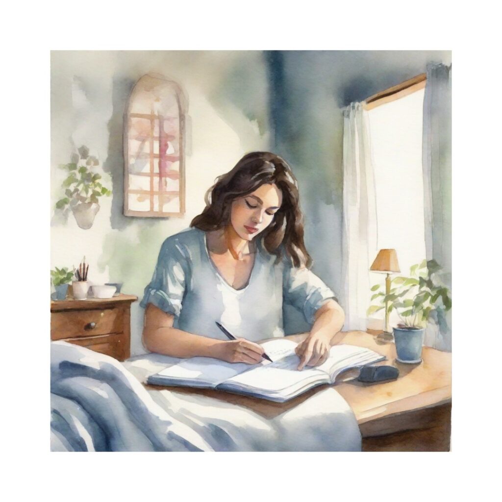 A painting of a woman sitting at a desk writing in a journal.