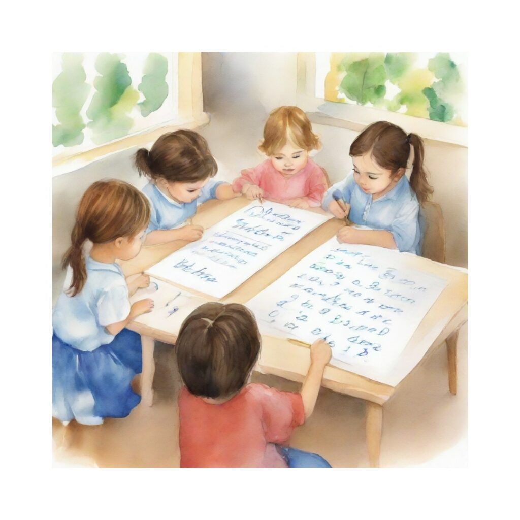 A painting of 5 children sitting at a table writing on large sheets of paper.